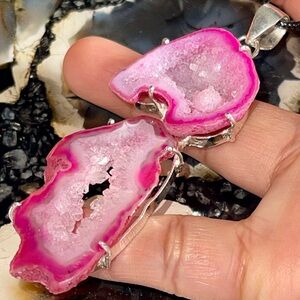 Large Pink Solar Drusy Pendant 3 1/2”